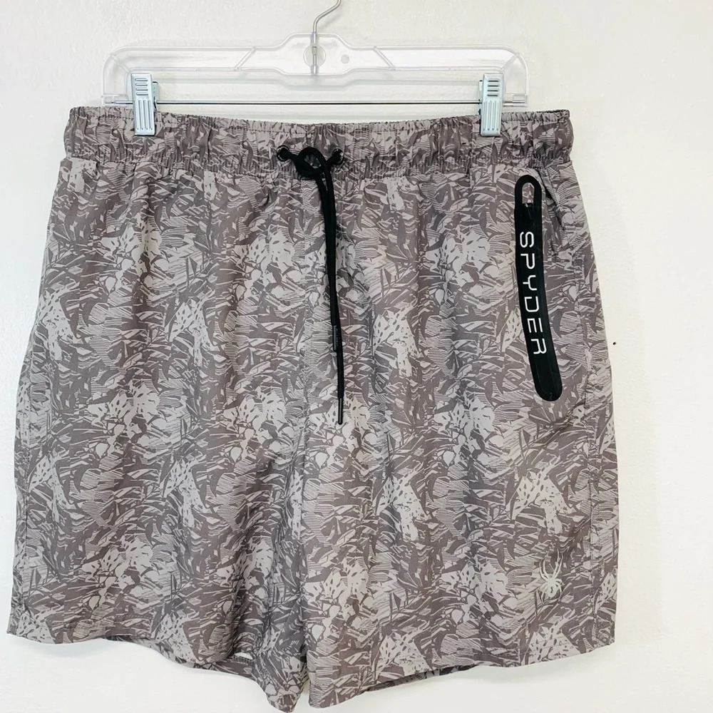 Spyder Swim Short Men XXL Surf Sand Sun Gray Print Pockets Drawstring UV Protect